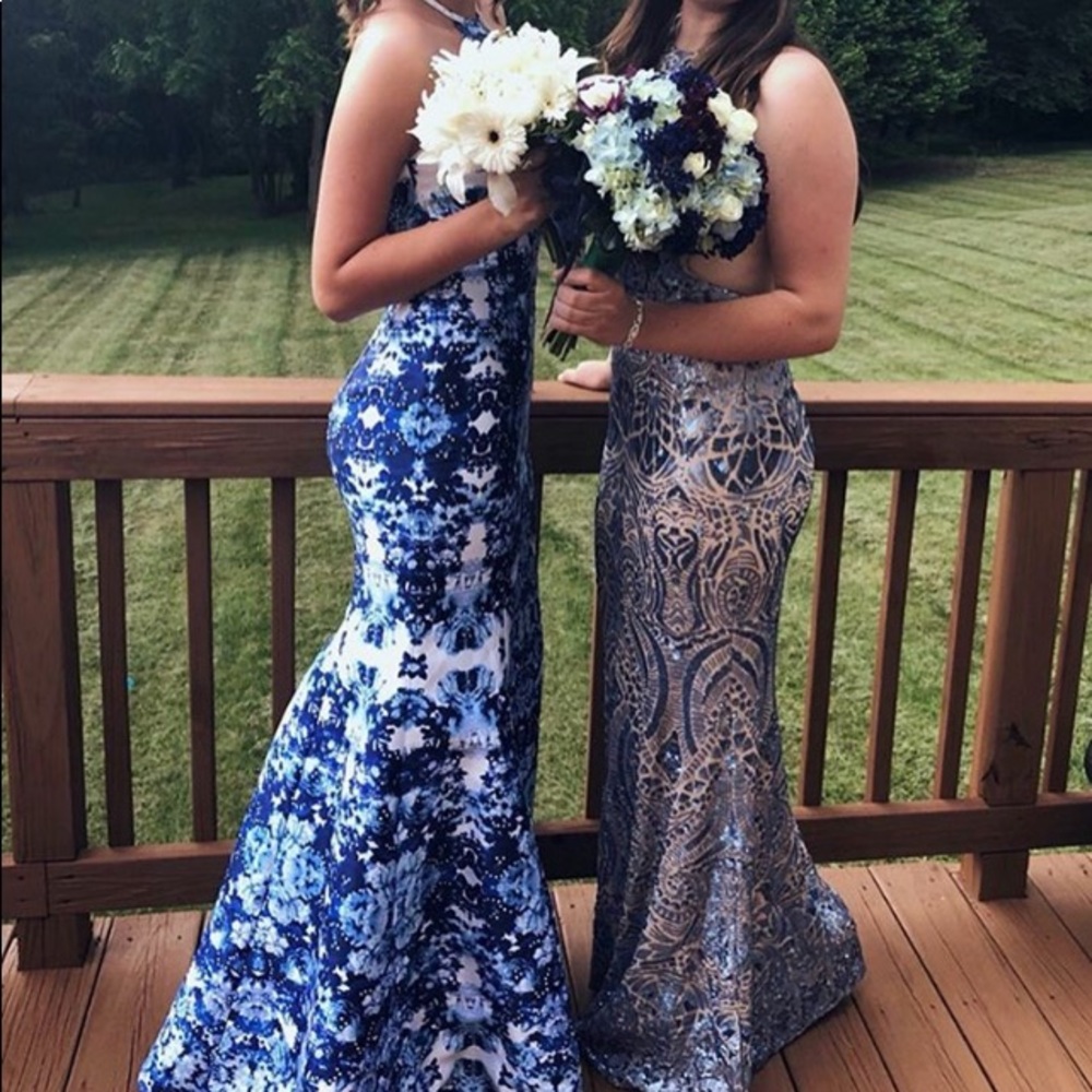 blue and white mermaid prom dress